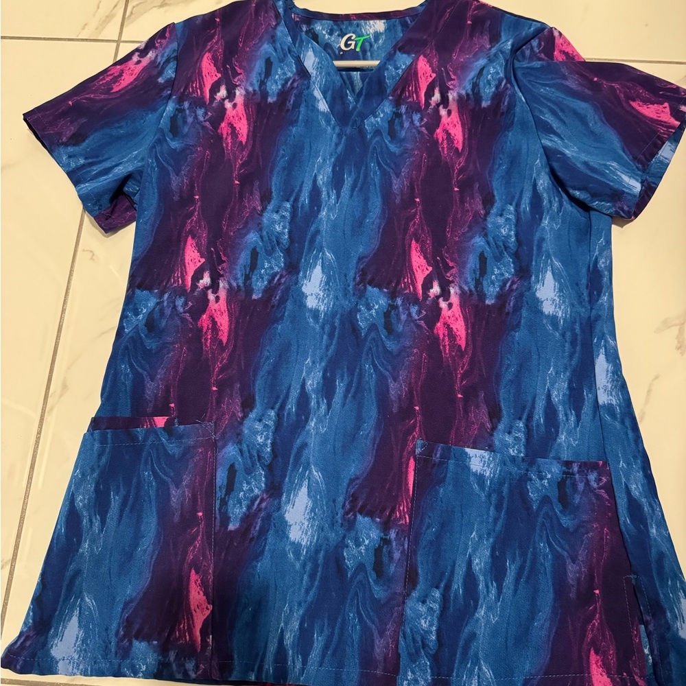 Women's Blue and Pink Scrub Top